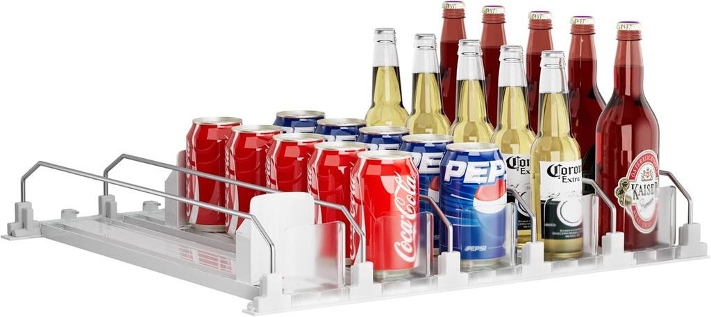 Drinks Organizer for Fridge and Pantry, Soda Can and Bottle Dispenser for Refrigerator with Automatic Pusher Glide, 5 Rows Holds Up to 25 Cans