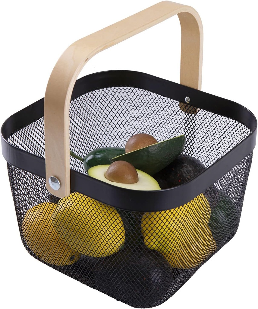IBWell Square Metal Wire Woven Fruit Storage Bowl Basket with Wooden Handle, Large Black Mesh Fruit Stand, Multi-function Hanging Kitchen Baskets (Black, Normal)