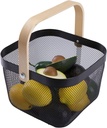IBWell Square Metal Wire Woven Fruit Storage Bowl Basket with Wooden Handle, Large Black Mesh Fruit Stand, Multi-function Hanging Kitchen Baskets (Black, Normal)