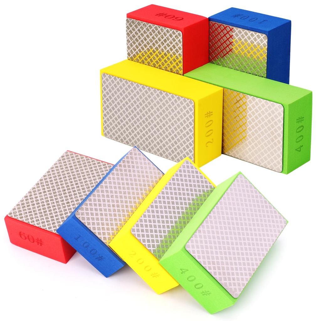 8 Pack Diamond Hand Polishing Pads, Sanding Blocks, Diamond Sanding Pads with 60#, 100#, 200#, 400# Grits for Concrete, Stone, Tiles, Ceramics and Metal