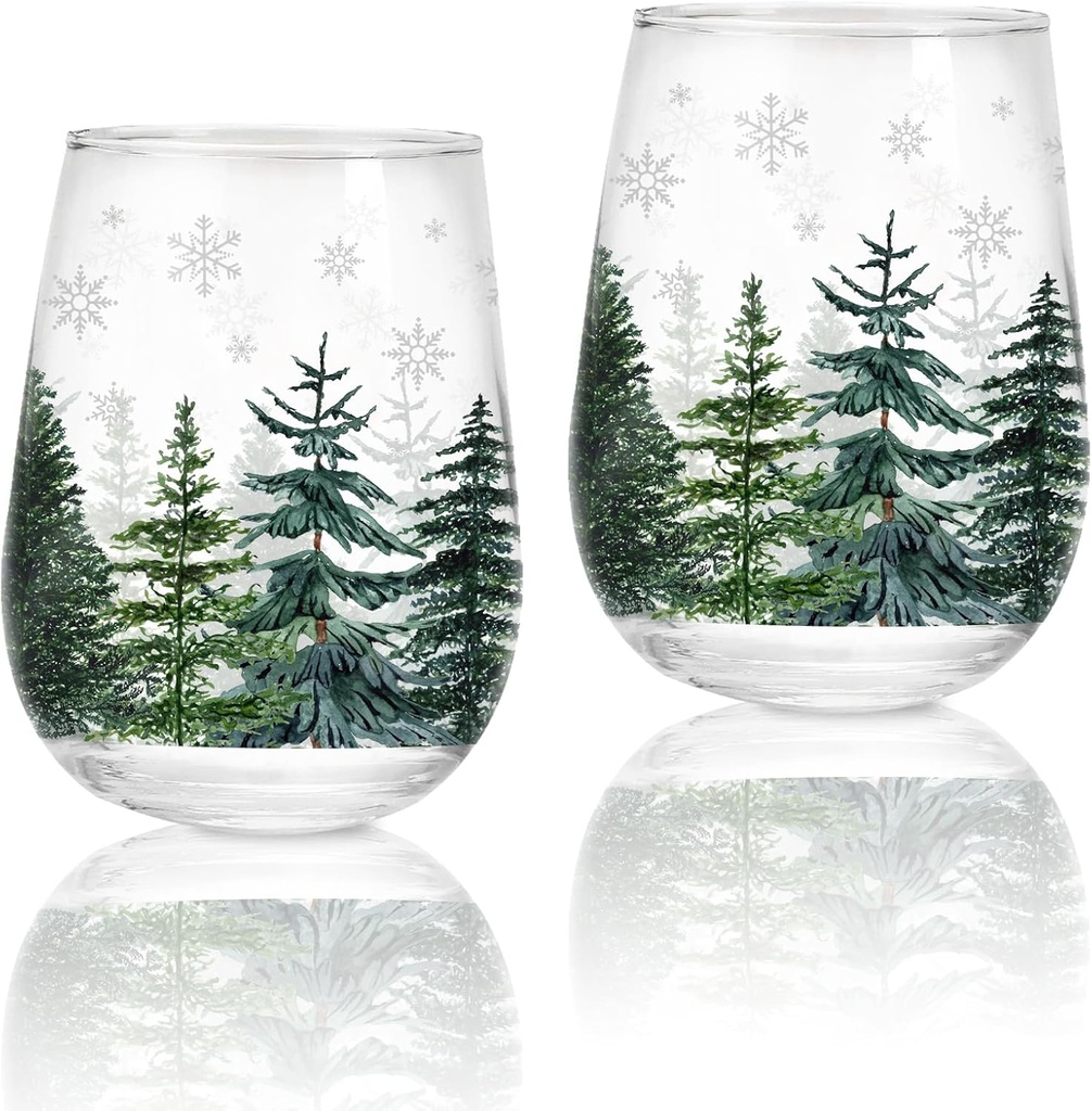 Whaline 2Pcs Christmas Stemless Wine Glasses 17oz Christmas Tree Snowflake Drinking Glasses Watercolor Holiday Tumbler Cups for Xmas Winter Party Supplies