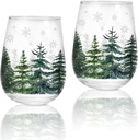 Whaline 2Pcs Christmas Stemless Wine Glasses 17oz Christmas Tree Snowflake Drinking Glasses Watercolor Holiday Tumbler Cups for Xmas Winter Party Supplies