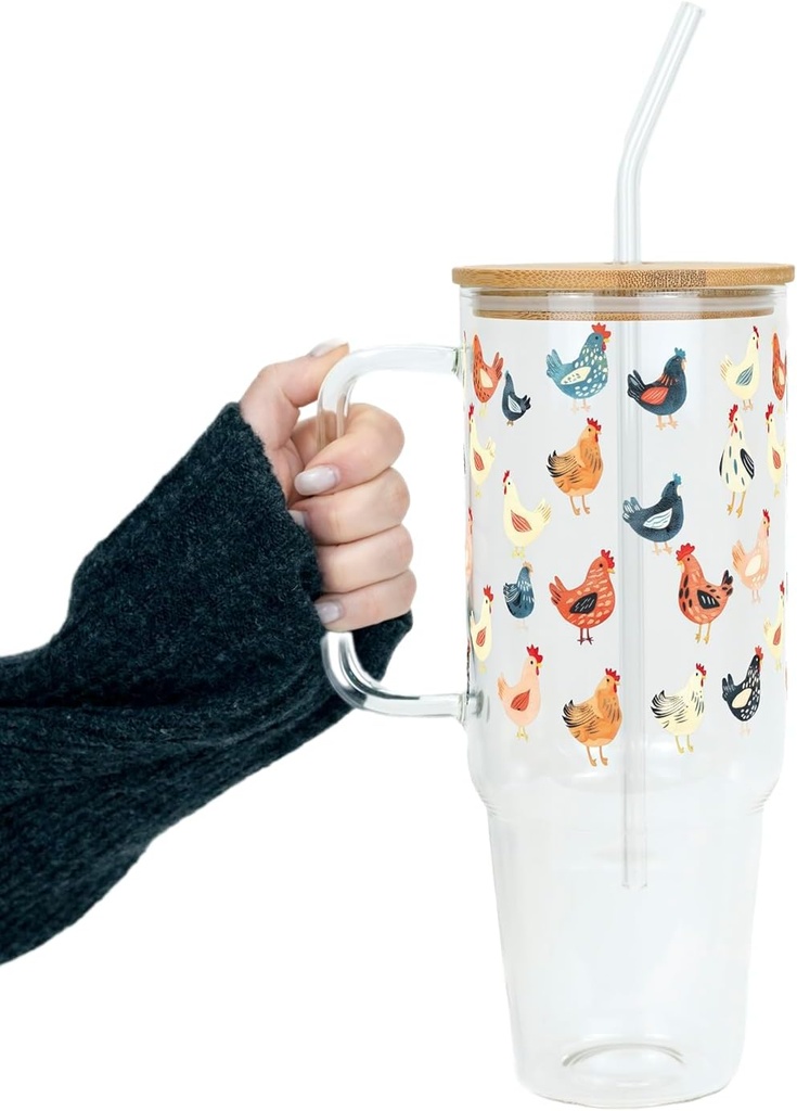 Sip Sip Hooray Chicken Lover 40oz Glass Tumbler with Lid and Straw, Funny Chicken Coffee Cup, Large Farmhouse Drinkware, Chicken Mom Gift, Cute Gift for Farmers, Chicken Kitchen Decor