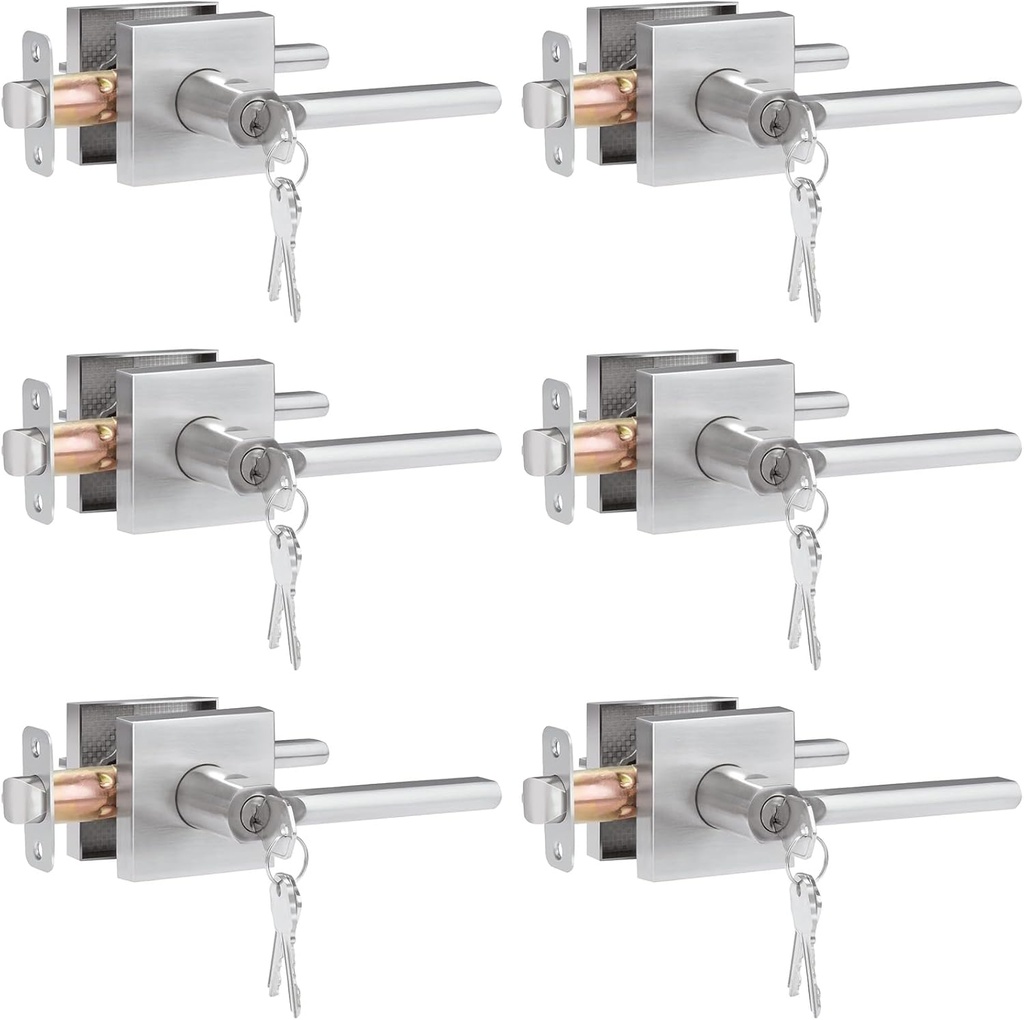HOSOM 6 Pack Entry Exterior Door Levers Locksets with Lock and Keys Door Knobs Interior Modern Entrance Door Handle Heavy Duty Door Lock, Satin Nickel
