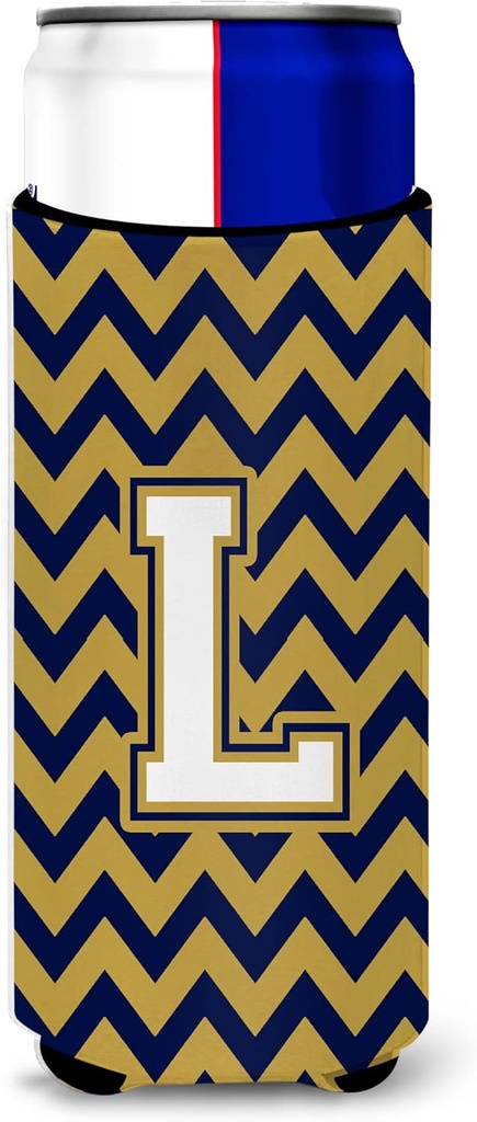 Letter L Chevron Navy Blue and Gold Ultra Beverage Insulators for slim cans
