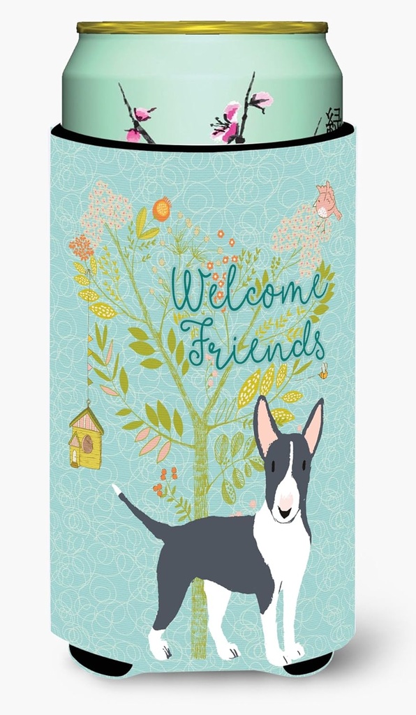 Caroline's Treasures BB7604TBC Welcome Friends Black Bull Terrier Tall Boy Hugger Can Cooler Sleeve Hugger Machine Washable Drink Sleeve Hugger Collapsible Insulator Beverage Insulated Holder