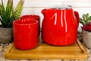 Ebros Gift Colorful Luscious Red Contemporary Ceramic Double Walled 20 fl oz Tea Pot With 2 Matching Mugs And Bamboo Accent Serving Tray As Kitchen Dining Home Decor Novelty Teapot Sets