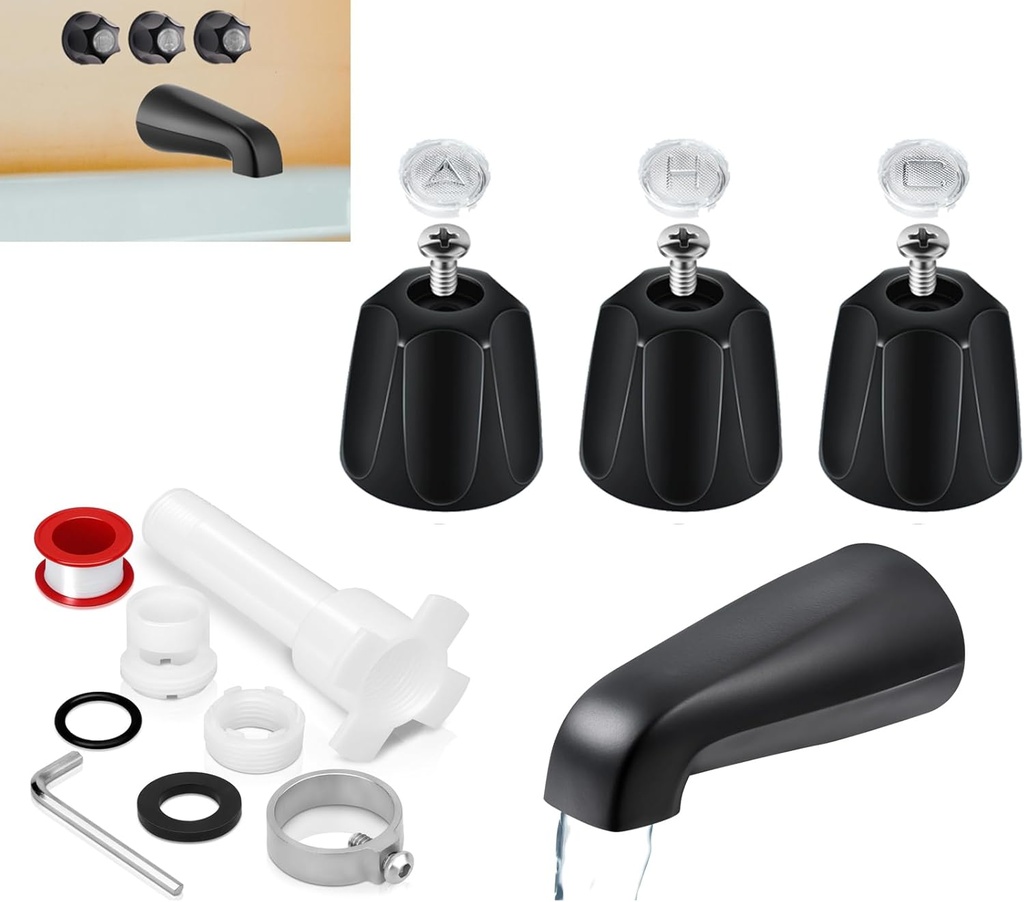 3 Pcs Matte Black Shower Knob and Bath Tub Spout Trim Kit Compatible with Price/Pfister Verve Tub Shower Faucet Handle Fit 1/2'', 3/4'' IPS Pipe Connection With 4 in 1 Tub Spout Adapter Assembly