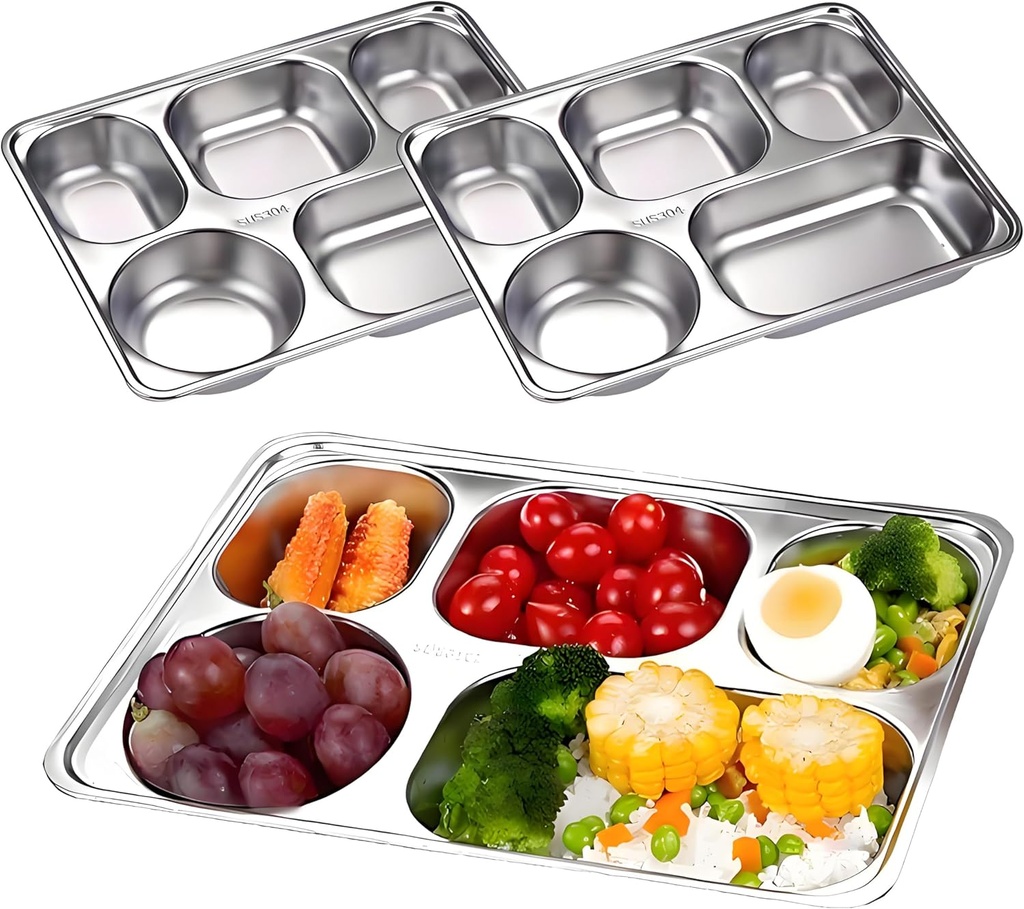 2 Pack Stainless Steel Snack Containers with Lids, Rectangular Divided Plates Tray, 5 Sections Dinner Plates for Adults, Reusable Meal Prep Lunch Containers for Adults, Kids, Picky Eaters, Campers
