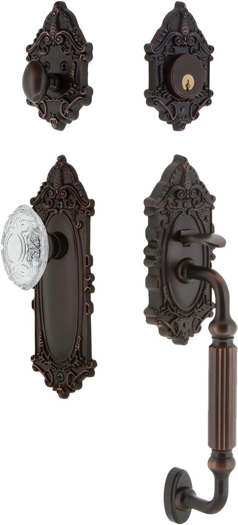 Nostalgic Warehouse 756081 Victorian Plate F Grip Entry Set Crystal Victorian Knob, Backset Size: 2.75", Timeless Bronze