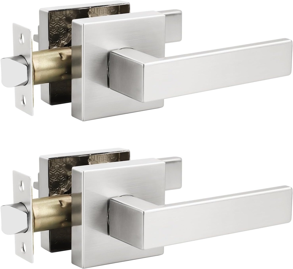 2 Pack Passage Door Lever Without Locking, Reversible No Lock Door Handle for Right/Left Handed Door, Satin Nickel Square Lever Set for Interior/Exterior Use