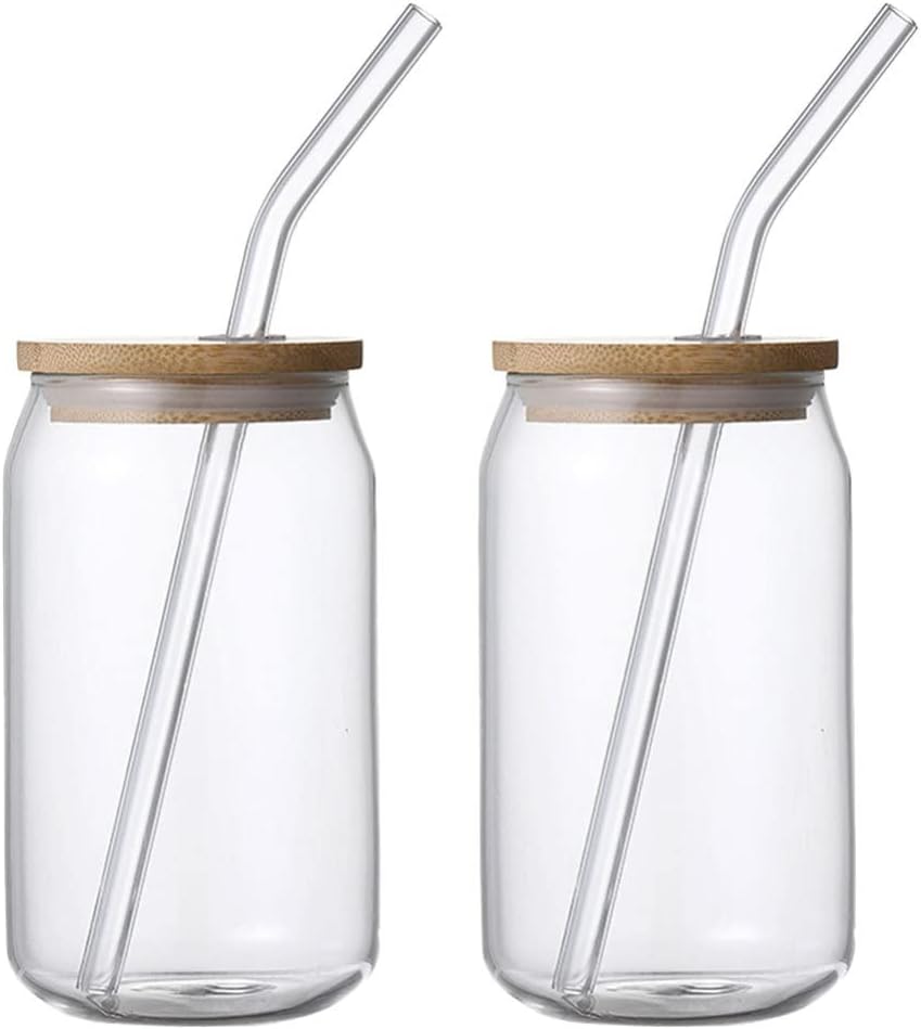 2 Pcs Glass Cups with Lids and Straws 12 Oz Iced Coffee Cup Drinking Glasses Water Glasses Tumbler Cup Ideal for Juice Coffee Tea and Cocktail