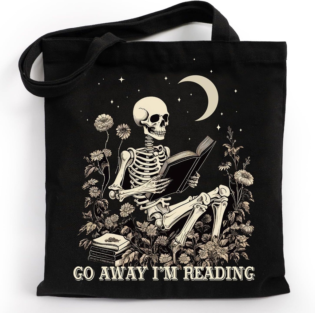 Aesthetic Skull Print Canvas Tote Bag Gifts for Women Book Lover, Bookish Cotton Totes Bag Gifts for Halloween Christmas Birthday Mother's Day, Go Away I am Reading