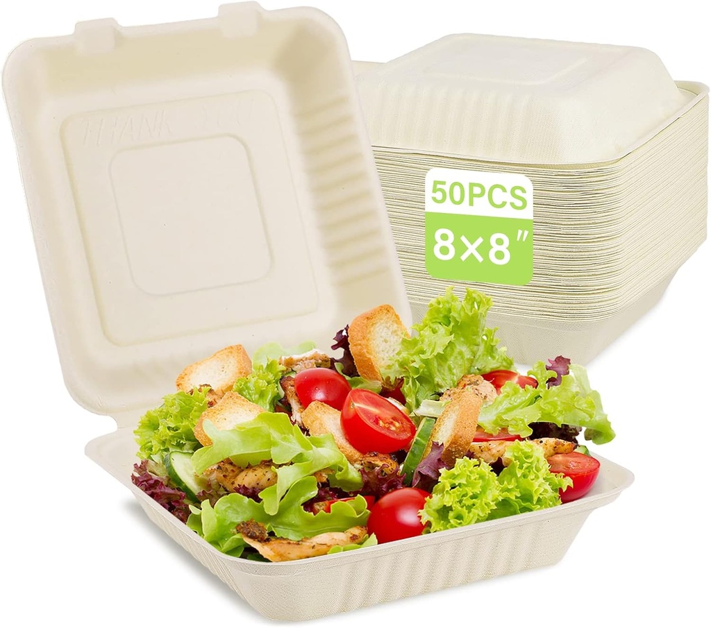 greensight Compostable Take Out Food Container 8X8, 50 Pack Disposable To Go Food Boxes, Biodegradable Clamshell Food Container, Eco-Friendly Made From Sugarcane Fibers