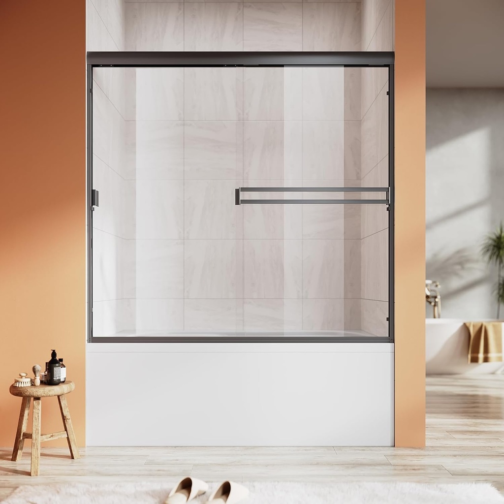 ​UCALAFEE 56-60 Inch Bathtub Shower Door 57 Inch H Matte Black, Space-Saving Sliding Design with Silent Soft-Close & Anti-Leak 1/4" (6mm) SGCC Tempered Glass for Walk-in Shower​