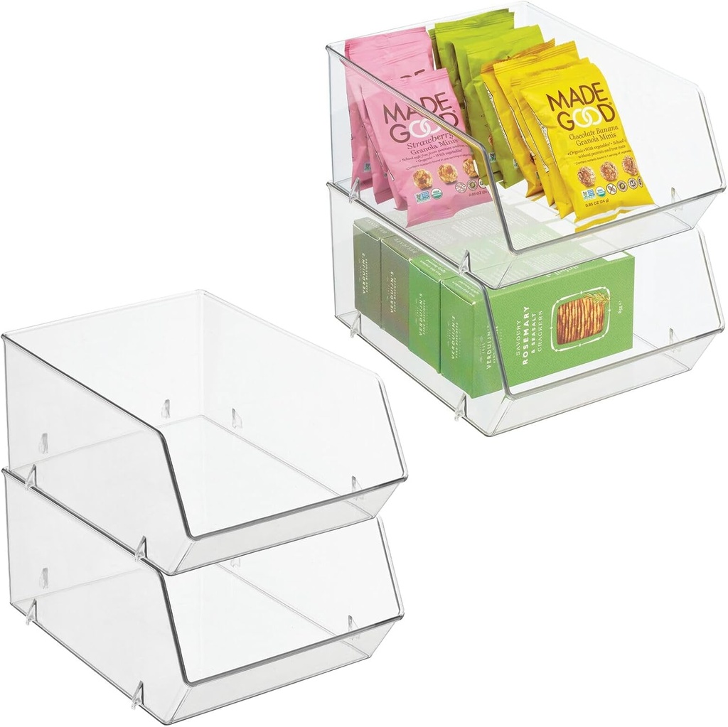 mDesign Plastic Stacking Food Storage Bin for Kitchen Cabinet, Pantry, Shelf, Fridge/Freezer - Organizer for Fruit, Potatoes, Onions, Drinks, Snacks, Pasta - 11" Deep - 4 Pack - Clear