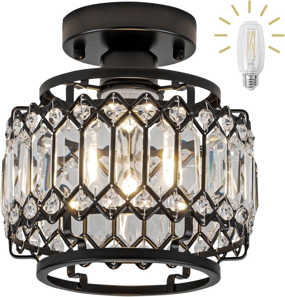 9" Modern Black Crystal Flush Mount Light - 50% Brighter LED, Dimmable Chandelier - Reinforced Iron Frame & K9 Crystals - Easy Install for Bedroom, Kitchen, Hallway