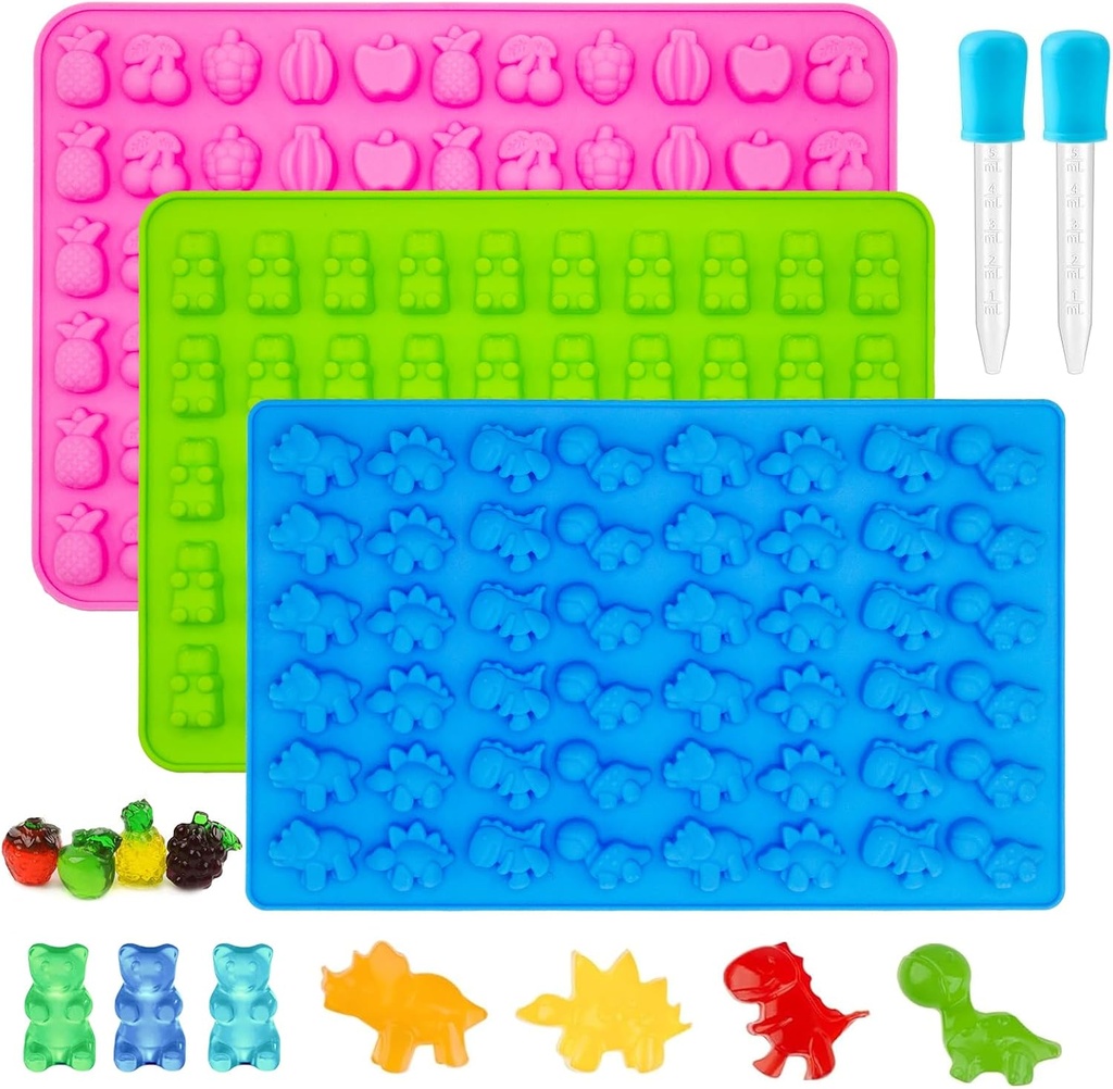 Gummy Candy Molds - Silicone Mini Gummy Bear/Dinosaur/Fruit Snack Molds for Kids With 2pcs Dropper,Non-stick and Bpa Free for Candy Chocolate Gummies Baking