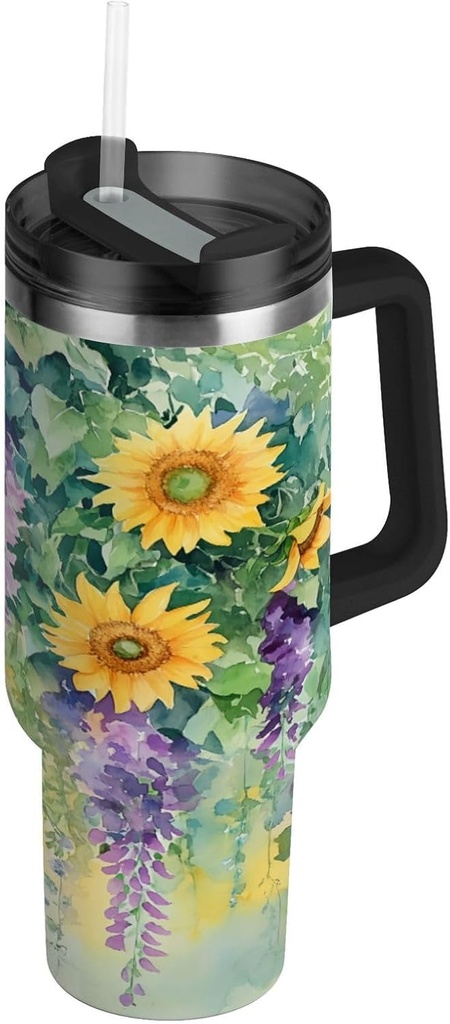 ATTX 40 oz Watercolor Sunflowers Painting Tumbler with Handle, Double Wall Vacuum Stainless Steel Tumbler with Straw, Insulated Travel Coffee Mug#26