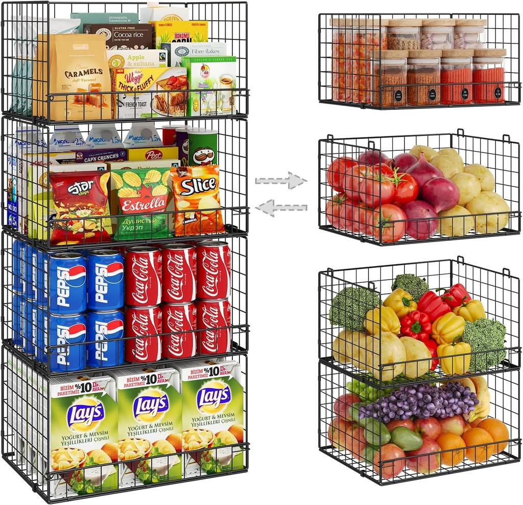 4 Pack Stackable Wire Baskets for Pantry Organizers and Storage, Large Pantry Basket for Snack Organizer, Foldable Fruit and Vegetable Storage Bin Store Can Onion Potato for Kitchen Cabinet/Countertop