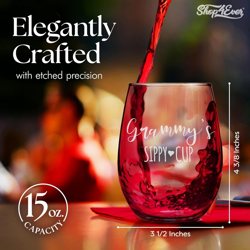 shop4ever Grammy’s Sippy Cup Engraved Stemless Wine Glass 15 oz. Funny Mother's Day Gift for Grandma Grammy Nana