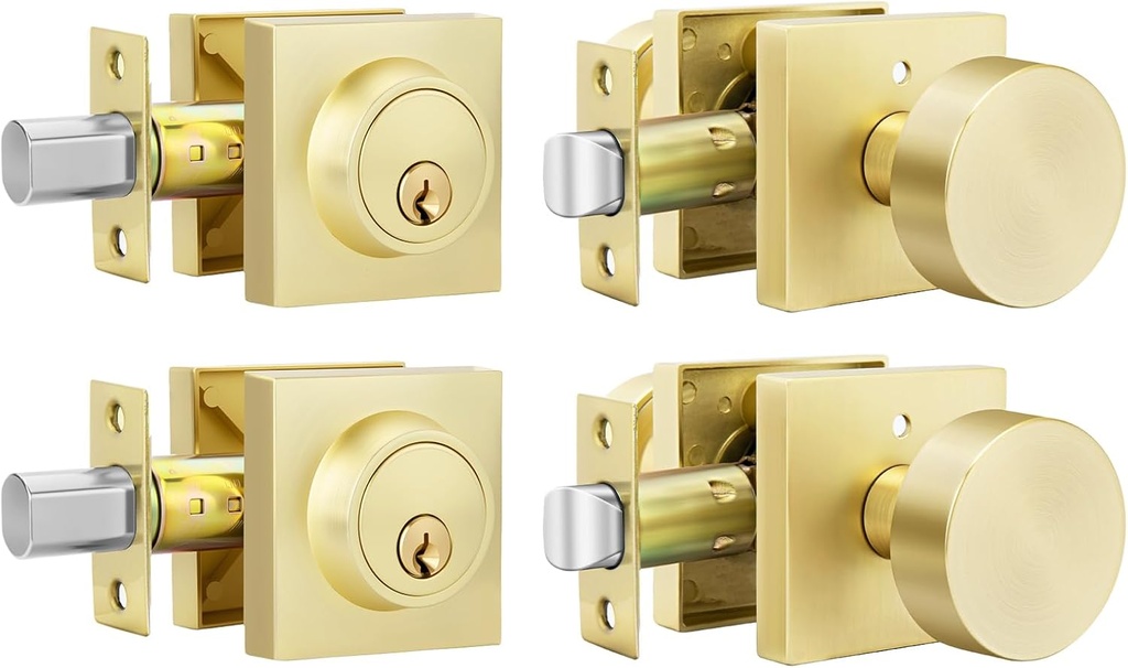 goldenwarm Gold Door Knobs with Deadbolt, Zinc Alloy Brushed Gold Exterior Door Knobs Lock Set with Deadbolt, Heavy Duty Door Locks for Front Door - Modern & Stylish(2 Pack)