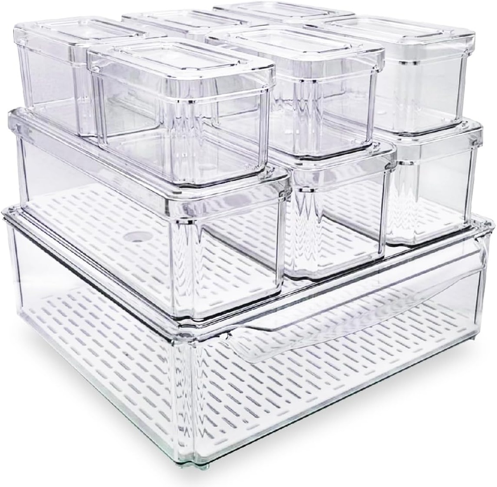 10-Pack Clear Fridge Organizer Bins with Lids & Drainage Holes, Stackable Container Set, BPA-Free Plastic Refrigerator Storage Containers for Food, Fruits, Vegetables, Meats (Multi-Purpose)