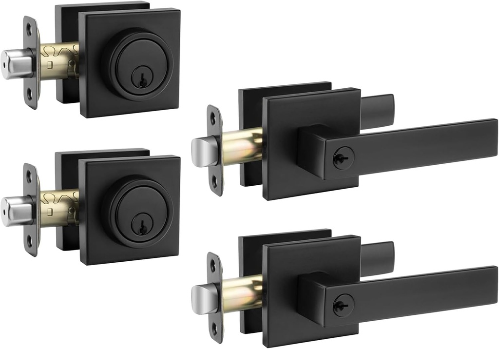 goldenwarm Exterior Door Lock Set Front Door Lock Set, Heavy Duty Matte Black Front Door Handle and Deadbolt Set (2 Pack)