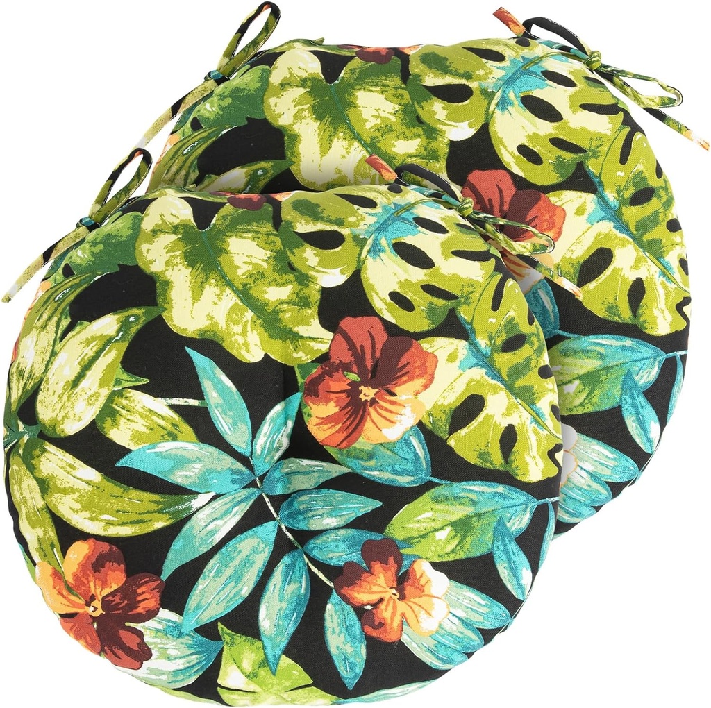Outdoor Bistro Chair Cushion Set of 2, Waterproof Tufted Round Seat Cushion with Ties, 15"x15"x4" Patio Furniture Chair Pads for Home Garden Balcony Office-Tropical Green Leaves