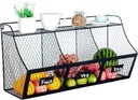 3 Compartment Wall Mount Metal Storage Basket Large Kitchen Hanging Metal Fruit Basket Wire Organizer Produce Basket Rack Bin Dark Brown/Black