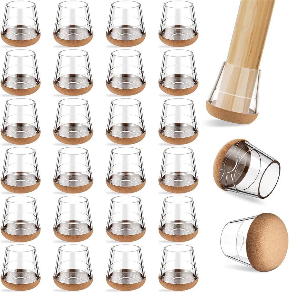 24 PCS Silicone & Felt Chair Leg Floor Protectors - Scratch Proof & Noise Reducing Furniture Caps for Hardwood Floors - Round XS Fits 9/16" to 12/16" (15–19mm), Clear
