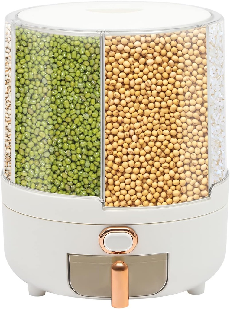 15 lbs Rice Dispenser, PET, PP 360° Rotating Dry Food Dispenser, Kitchen Grain Storage Container with 6 Compartments Holder for Rice and Beans (9.25 * 11.42inch)