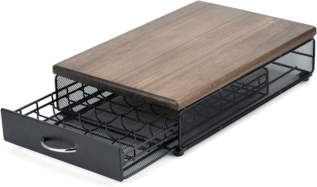 for Vertuo Coffee Capsule Storage Drawer Compatible with Nespresso Vertuoline Pods Holder Metal and Wood Top Organizer (can hold 50 Pods)