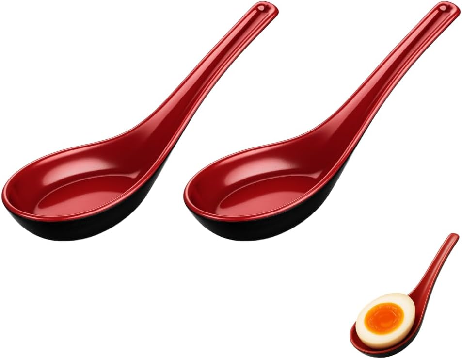 JapanBargain 2384 Melamine Soup Spoons, Set of 2, Red/Black Japanese Ramen Pho Wonton Style Utensils