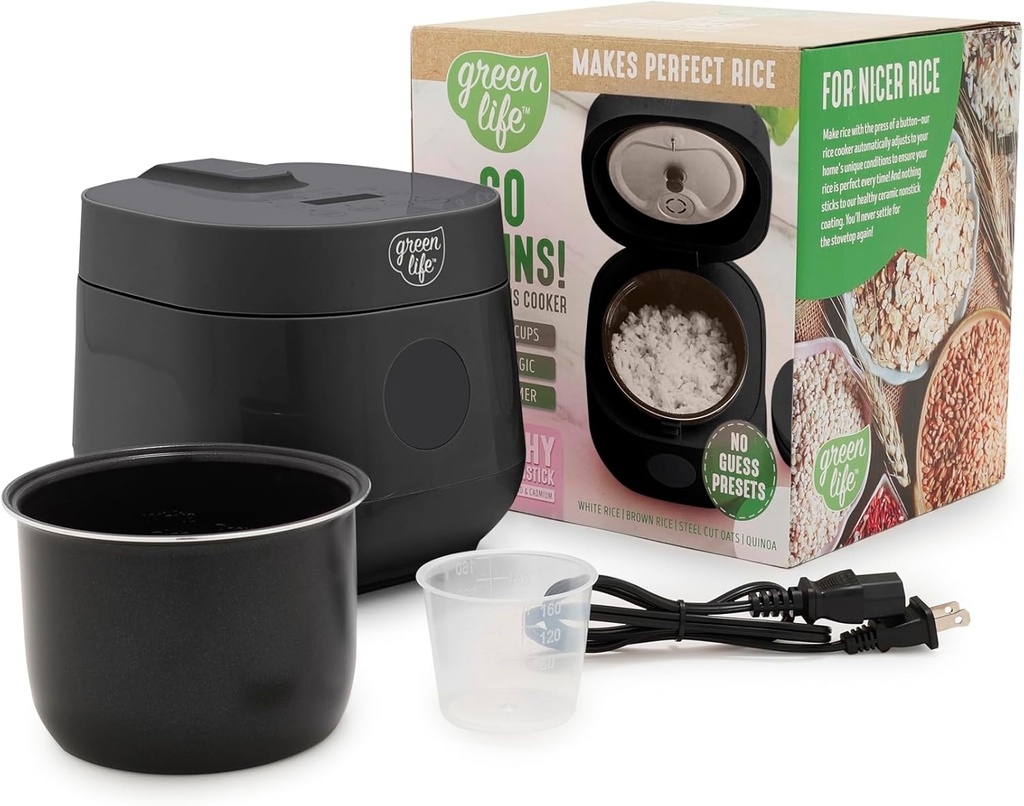 GreenLife Digital Rice Cooker, 2-Cups Uncooked/4-Cups Cooked, Removable Nonstick Ceramic PFAS-Free Pot, One-Touch Presets, Oats, Quinoa, Brown Rice, Auto Keep Warm, Fuzzy Logic Tech, 1.5QT, Black