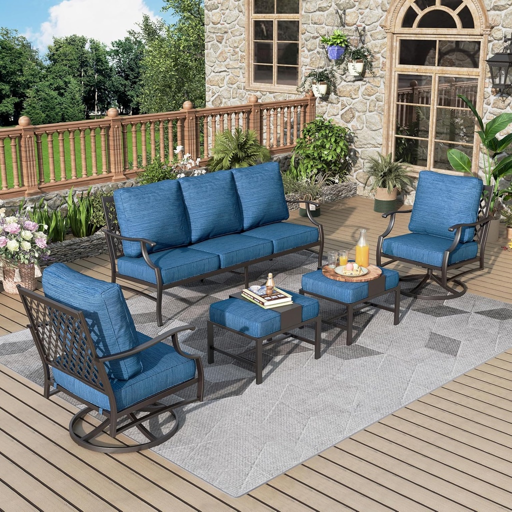 Patio Furniture Set 5 pcs, Outdoor Patio Furniture, 3-Seat Sofa, 2 Swivel Chairs, 2 Ottomans and 5.75" Extra Thick Cushion, Conversation Set for Backyard Deck,Gemstone Blue