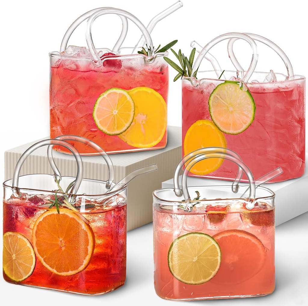 Glass Purse for Drinks Set of 4,26oz Unique Wine Glasses Purse Gifts for Women Party,Fish Bowl Vase,Creative Drinking Glass for Fruit Juice,Tea,Flowers
