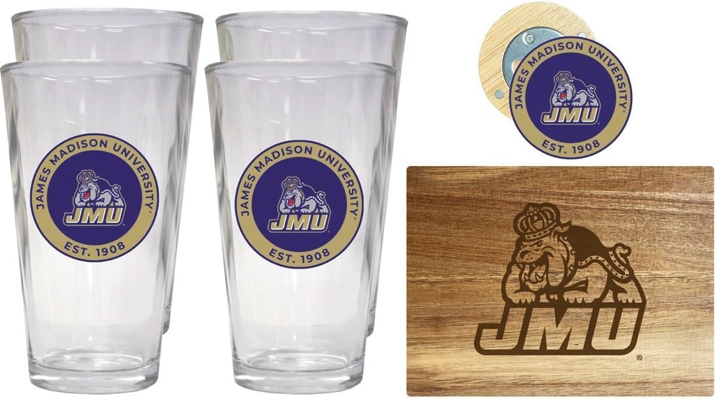 R and R Imports James Madison Dukes Officially Licensed Kitchen Pack - Wood Cutting Board, 4 Pint Glasses & Magnetic Bottle Opener