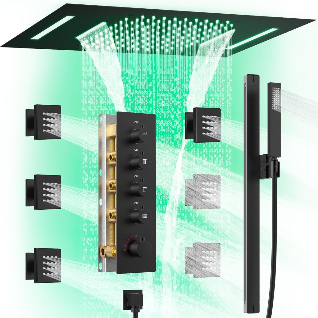 LED Shower System with Body Jets: Aposhion 23"x15" 64 Color LED Rainfall & Waterfall Shower Head with Handheld Sprayer & 6 Body Jets, Bathroom Thermostatic Shower Faucet Set, Matte Black