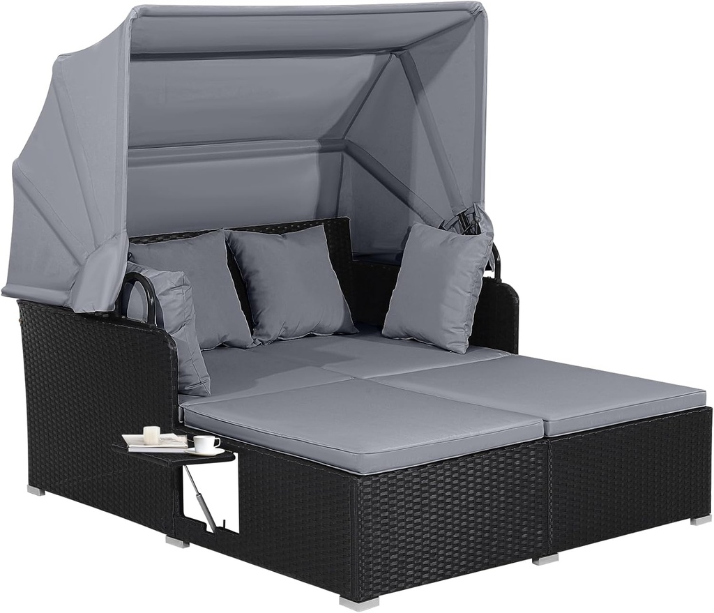 Salches Outdoor Rattan Daybed with Retractable Canopy, High-Resilient Soft Cushions, Foldable Side Trays, Outdoor Bed Loveseat for Garden, Backyard, Porch (Gray)