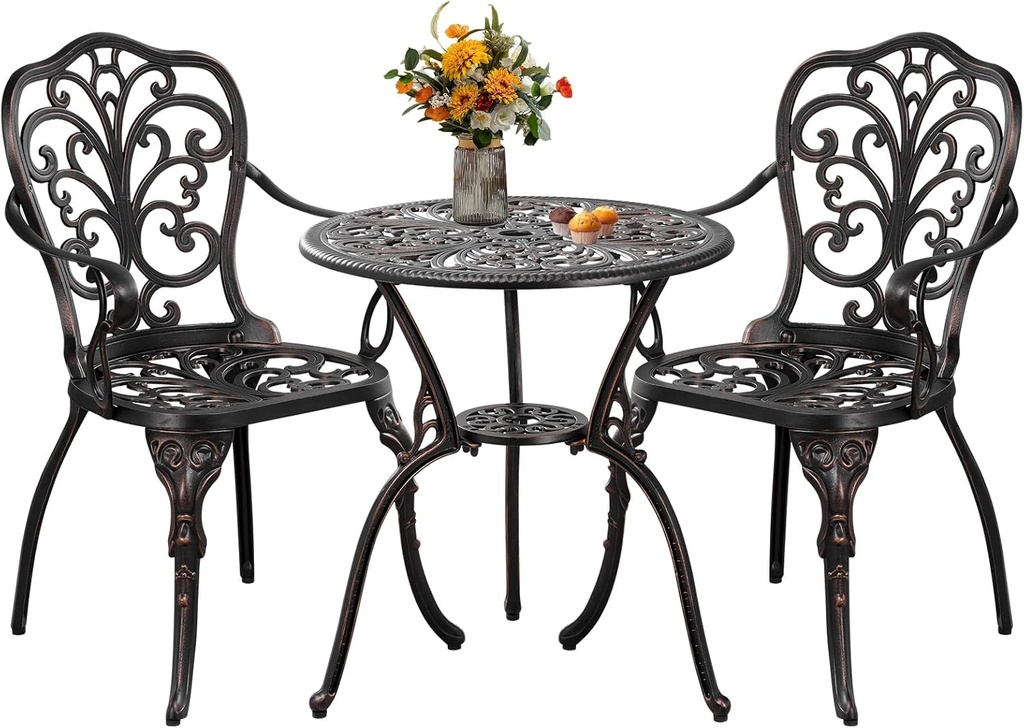 3 Piece Cast Aluminum Bistro Set, Bronze Bistro Table and Chairs Set of 2, 3 Piece Patio Furniture Set with 1.97" Umbrella Hole for Backyard, Balcony, Deck