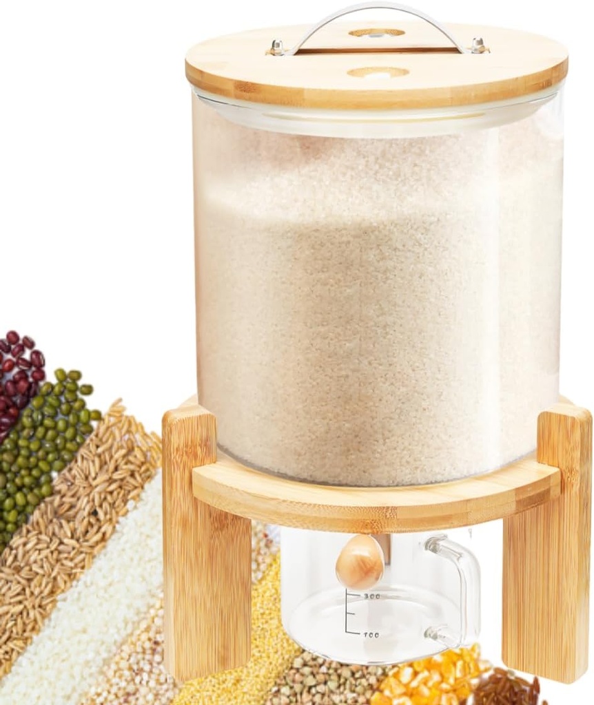 Cashewnuts 5L Rice Dispenser, Rice Storage Container Flour and Cereal Container Food Storge Container w/Airtight Lid & Wooden Stand for Kitchen Organization