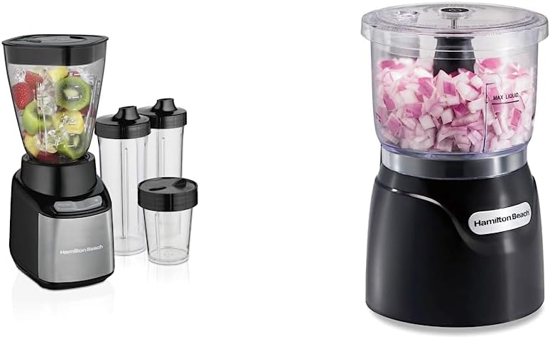 Hamilton Beach Stay or Go Blender with 32oz Jar, 8oz, Black and Silver (52400) & Electric Vegetable Chopper & Mini Food Processor, 3-Cup, 350 Watts, for Dicing, Mincing, and Puree, Black (72850)