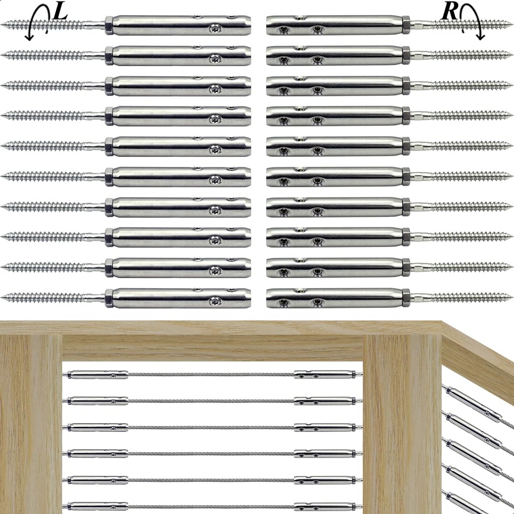 Swageless Tensioners for Wood Posts Cable Railing Hardware Kit, for 1/8 Stainless Steel Cable Rrailing System, Swageless Lag Screws Left & Right 10 Pairs