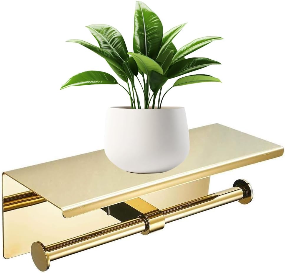Double Toilet Paper Holder with Phone Shelf Dual Roll Tissue Holder Dispenser Wall Mounted SUS304 Commercial Stainless Steel Roll Holder Storage Cool Bathroom Accessory (Gold)