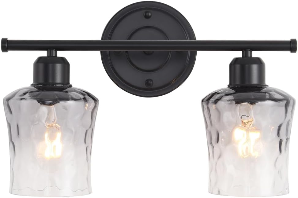 Modern 2-Light Bathroom Vanity Light Fixtures, Black Bathroom Lights Over Mirror with Grey Glass Shade, E26 Glass Wall Sconce for Kitchen, Bedroom, Hallway, Living Room