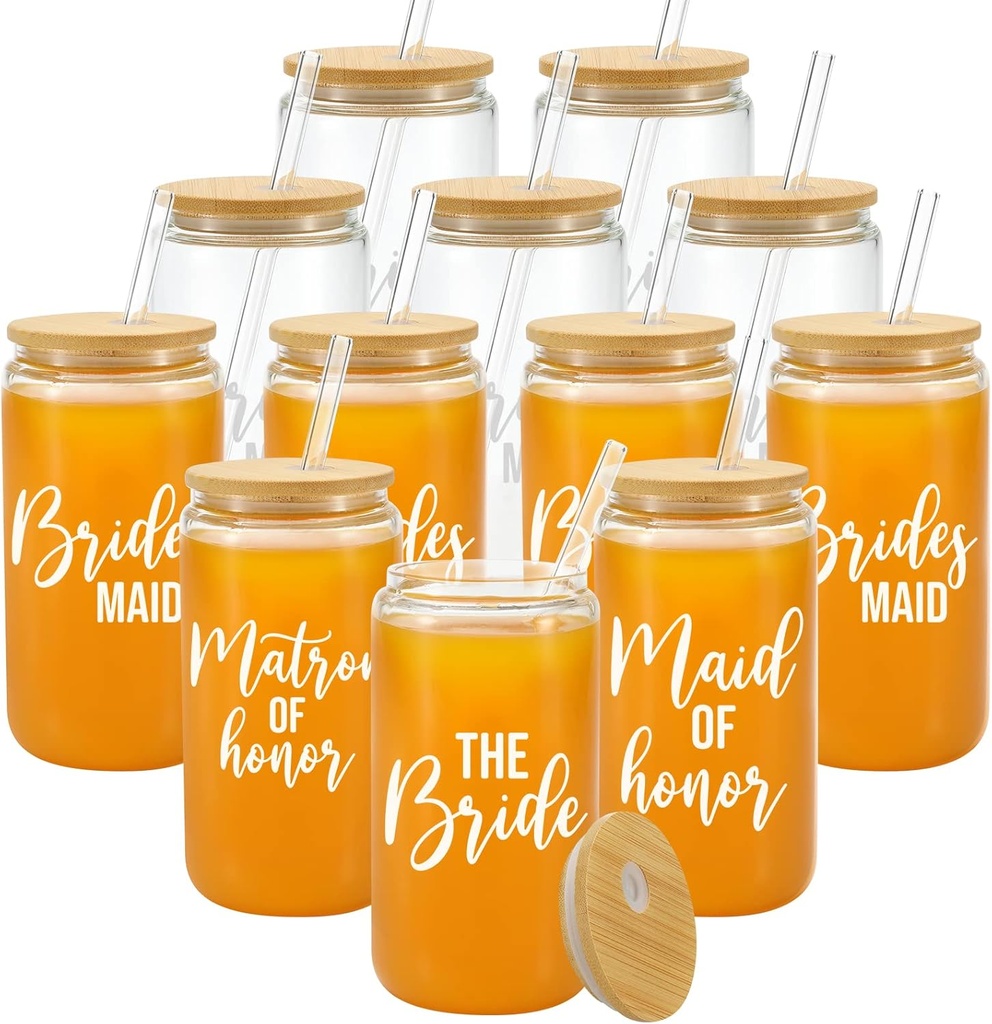 YOUKE OLA 12 Pack Bridesmaid Gifts Beer Glass Can with Bamboo Lids and Glass Straw Drinking Glass Cups Maid of Honor Gift for Engagement Bridal Shower Bachelorette Party 16oz