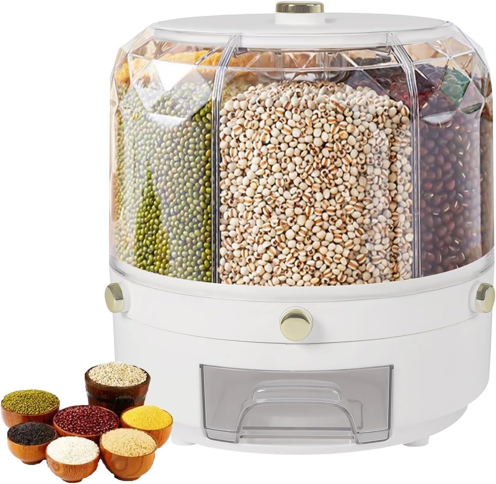 Rotating Grain Dispenser, 6 Grids Rice Food Storage Container 13.2 Lbs Rotatable Sealed Grain Food Storage One-Button Pressing Storage Bucket for Snacks Candy Coffee Beans Pet Food