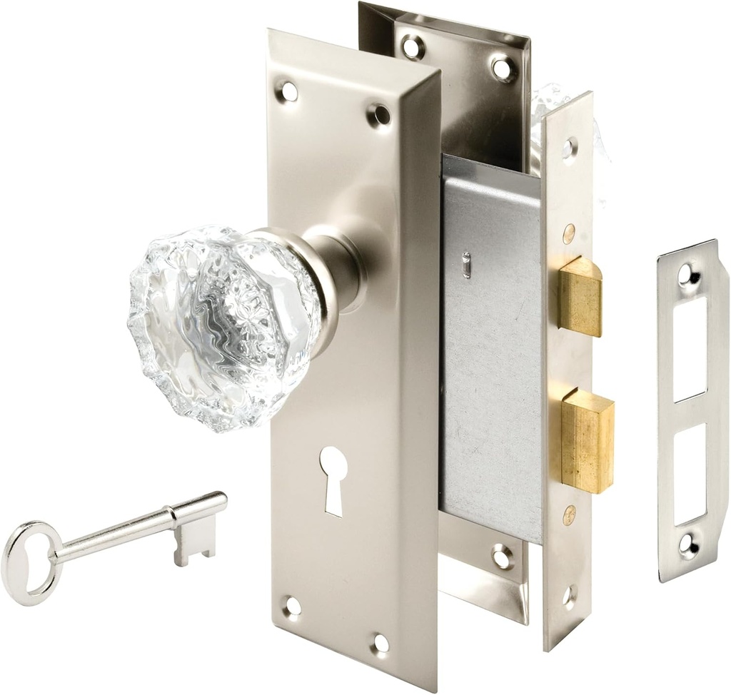 Prime-Line E 28335 Mortise Keyed Lock Set with Glass Knob – Perfect for Replacing Antique Lock Sets and More, Fits Doors with 2-3/8 In. Backset (Single Pack)