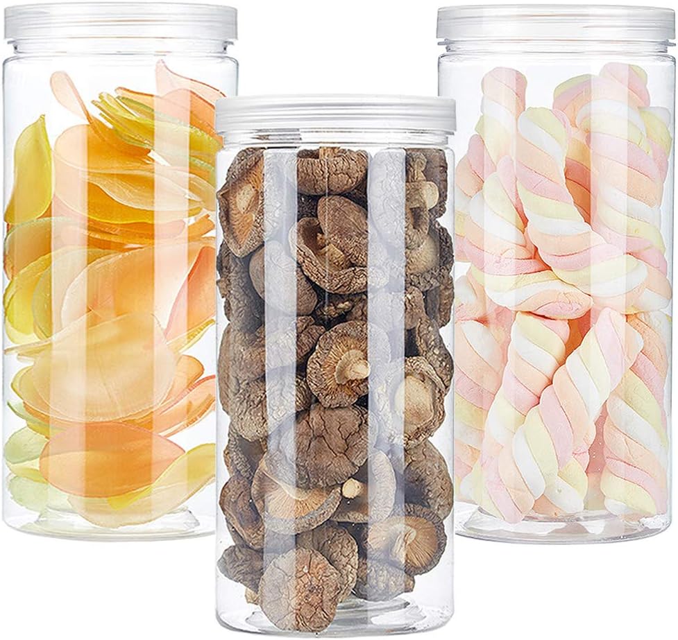3 PCS 46OZ/1360ml Clear Plastic Round Storage Jars,Empty Plastic Jars with Lids,Clear Plastic Storage Jars with Screw on Lids for Dry goods,Noodles,Spices and More